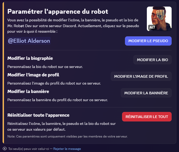 Message ouvert depuis la commande /paramètres-apparence sur le robot Discord Mr. Robot app